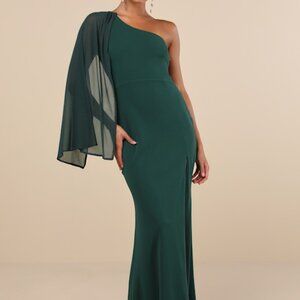 Lulus Majestic Attitude Emerald Cape Sleeve One-shoulder Maxi Dress Green